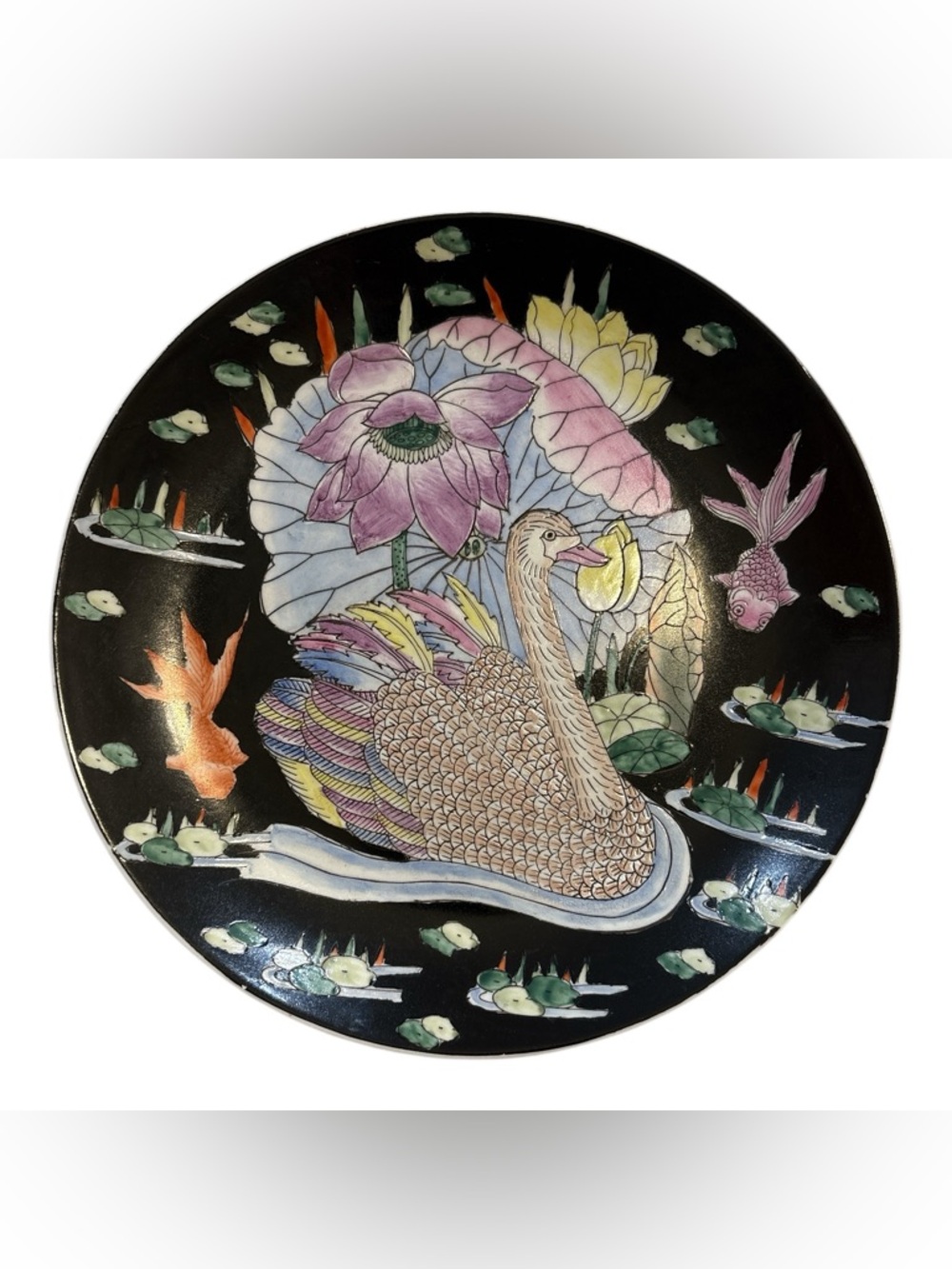 CPC Hand Painted Swan & Fish Floral Pond Etched Porcelain China Decorative Plate